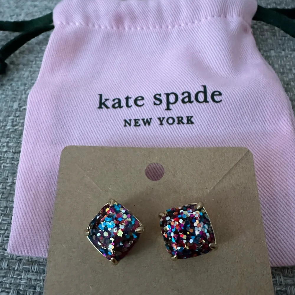Kate Spade Multicolor Square Glitter Stud Earrings | Gold Setting - Dust Bag